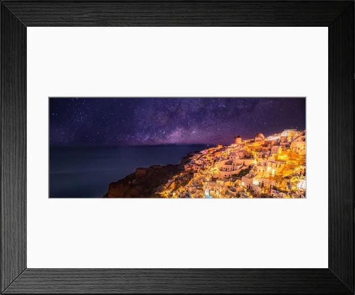 Framed Print : Oia village at night, Santorini island. Famous travel landscape, luxury vacation destination scenic. Beautiful view of fabulous picturesque village