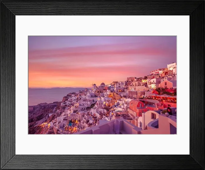 Framed Print : Oia village at night, Santorini island. Famous travel landscape, luxury vacation destination scenic. Beautiful view of fabulous picturesque village Framed Print : Oia village at night, Santorini island. Famous travel landscape, luxury vacation destination scenic. Beautiful view of fabulous picturesque village
