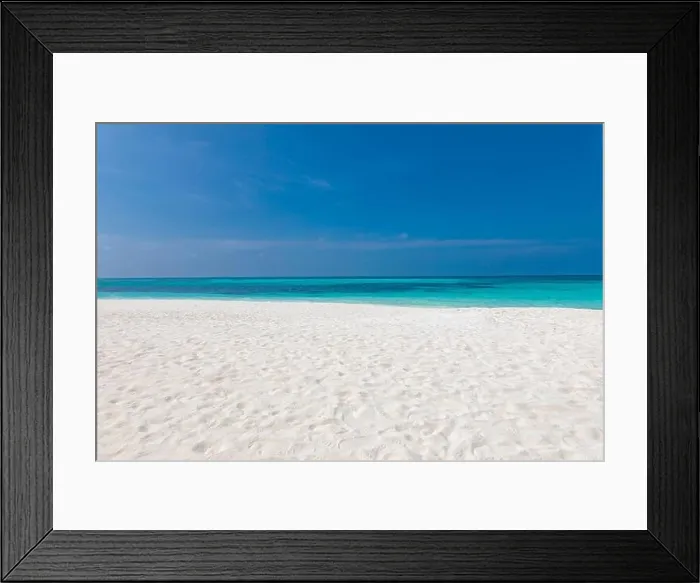 Framed Print : Summer beach background. Sand and sea and sky. Empty tropical beach background. Horizon with sky and white sand Framed Print : Summer beach background. Sand and sea and sky. Empty tropical beach background. Horizon with sky and white sand