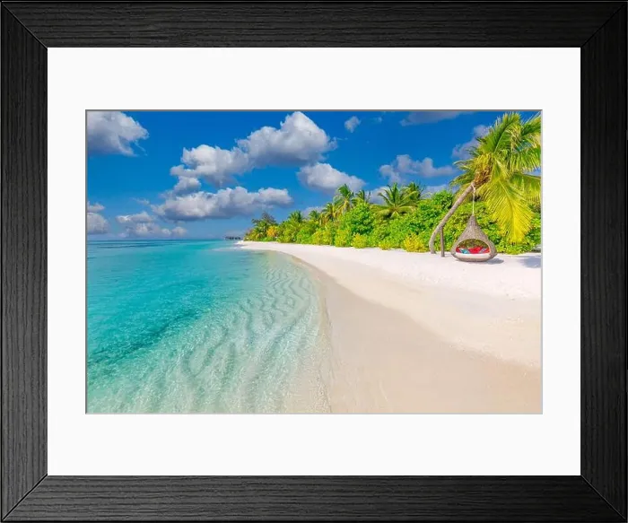 Framed Print : Amazing island beach. Tropical landscape of summer scenery, white sand with palm trees. Luxury travel vacation destination. Exotic beach landscape Framed Print : Amazing island beach. Tropical landscape of summer scenery, white sand with palm trees. Luxury travel vacation destination. Exotic beach landscape