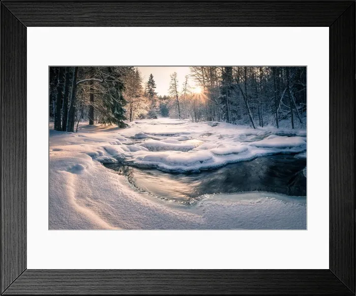 Framed Print : Scenic landscape with flowing river at winter morning Framed Print : Scenic landscape with flowing river at winter morning