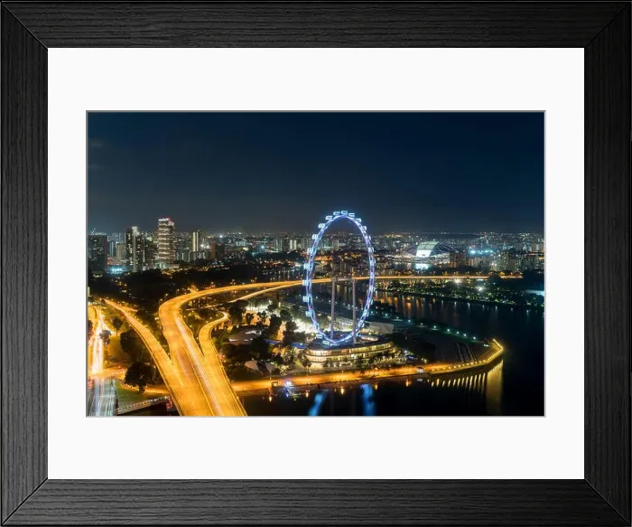 Framed Print : Aerial view of Singapore flyer and city at night in Singapore, Asia Framed Print : Aerial view of Singapore flyer and city at night in Singapore, Asia