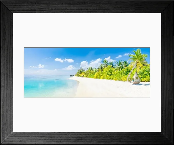Framed Print : Tropical beach panorama as summer landscape with beach swing or hammock and white sand and calm sea for beach banner. Perfect beach scene vacation Framed Print : Tropical beach panorama as summer landscape with beach swing or hammock and white sand and calm sea for beach banner. Perfect beach scene vacation