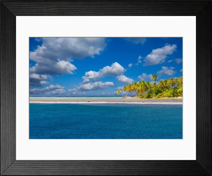 Framed Print : Island beach with palm trees, sunny blue sky with clouds. Paradise landscape, stunning scenic ocean lagoon, seascape horizon. Perfect summer beach Framed Print : Island beach with palm trees, sunny blue sky with clouds. Paradise landscape, stunning scenic ocean lagoon, seascape horizon. Perfect summer beach