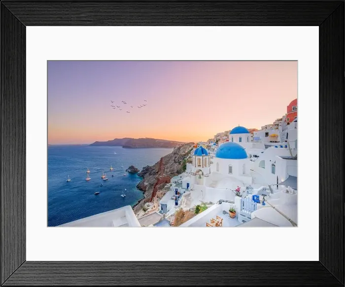 Framed Print : Europe summer destination. Traveling concept, sunset scenic famous landscape of Santorini island, Oia, Greece. Caldera view colorful clouds, dream sky Framed Print : Europe summer destination. Traveling concept, sunset scenic famous landscape of Santorini island, Oia, Greece. Caldera view colorful clouds, dream sky