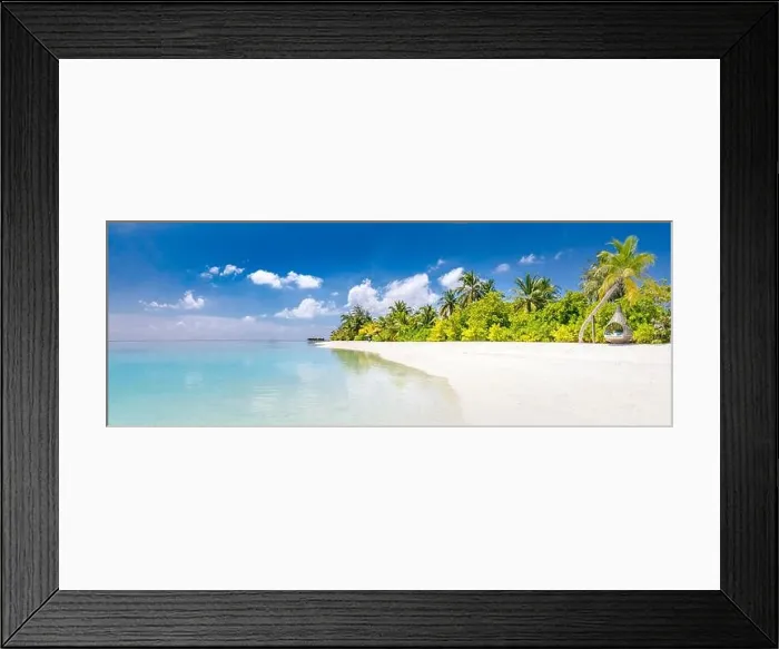 Framed Print : Beautiful beach with palm trees on tropical island beach on background blue sky with white clouds and turquoise ocean on sunny day. Exotic beach scene Framed Print : Beautiful beach with palm trees on tropical island beach on background blue sky with white clouds and turquoise ocean on sunny day. Exotic beach scene