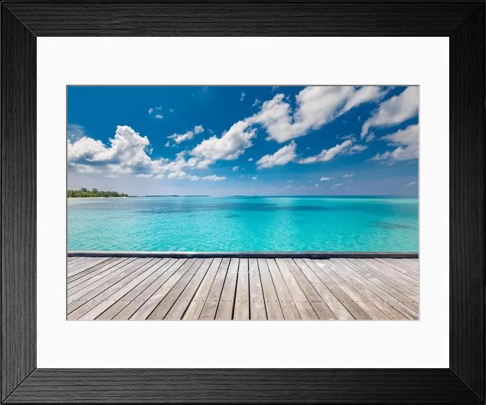 Framed Print : Wooden floor with blue sea and sky background. Summer scenery with horizon and seascape over wooden desk, copy space. Beach landscape background Framed Print : Wooden floor with blue sea and sky background. Summer scenery with horizon and seascape over wooden desk, copy space. Beach landscape background