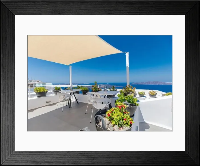Framed Print : Beautiful Santorini terrace landscape, white architecture with sunny caldera view. Famous tourist hotel resort, travel vacation destination Framed Print : Beautiful Santorini terrace landscape, white architecture with sunny caldera view. Famous tourist hotel resort, travel vacation destination