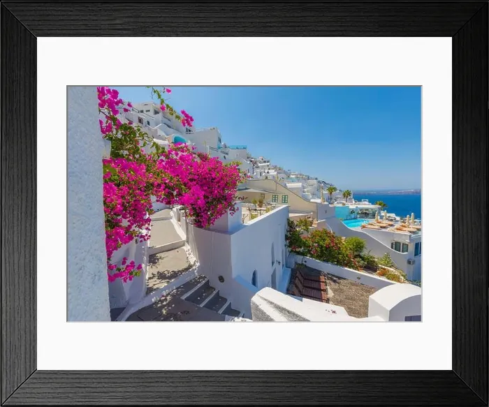 Framed Print : Europe Greece Santorini travel vacation. Looking at scenic view on famous travel destination. Romantic blue door with pink flowers, idyllic nature Framed Print : Europe Greece Santorini travel vacation. Looking at scenic view on famous travel destination. Romantic blue door with pink flowers, idyllic nature