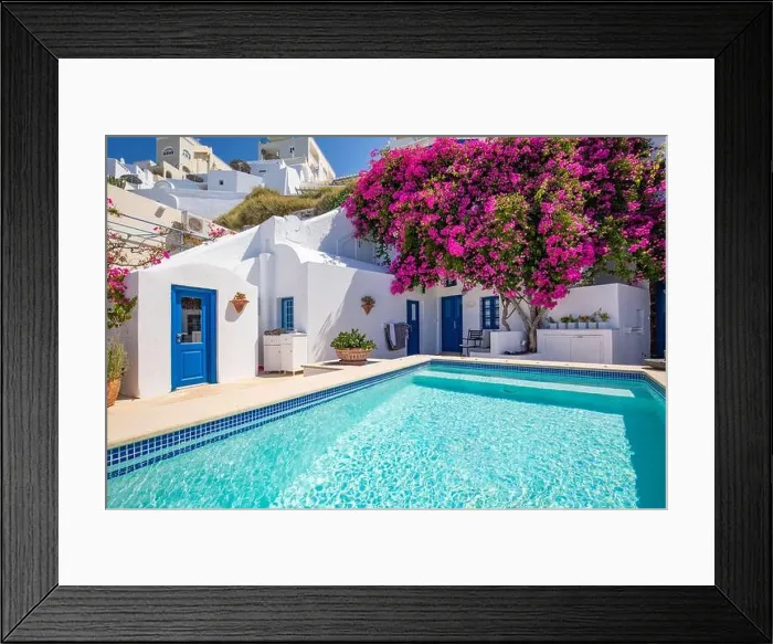 Framed Print : Santorini, Greece landscape, pool caldera view with flowers blue doors. Romantic couple destination with sunny sky, wonderful summer hotel resort Framed Print : Santorini, Greece landscape, pool caldera view with flowers blue doors. Romantic couple destination with sunny sky, wonderful summer hotel resort