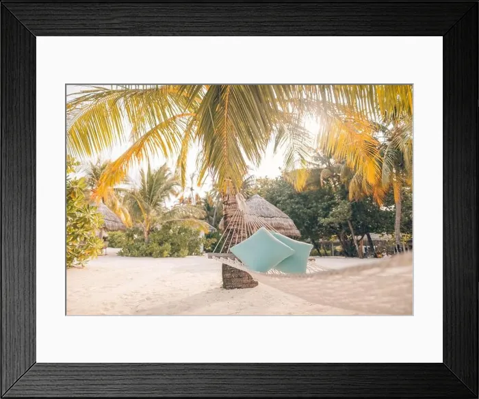 Framed Print : Landscape view of sunset, empty hammock hanged on coconut palm trees on a tropical island. Summer vibes, mood, recreational, relaxation Framed Print : Landscape view of sunset, empty hammock hanged on coconut palm trees on a tropical island. Summer vibes, mood, recreational, relaxation
