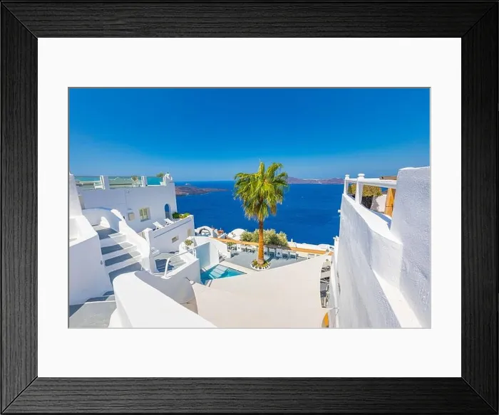 Framed Print : Beautiful Santorini terrace landscape, white architecture with sunny caldera view. Famous tourist hotel resort, travel vacation destination Framed Print : Beautiful Santorini terrace landscape, white architecture with sunny caldera view. Famous tourist hotel resort, travel vacation destination
