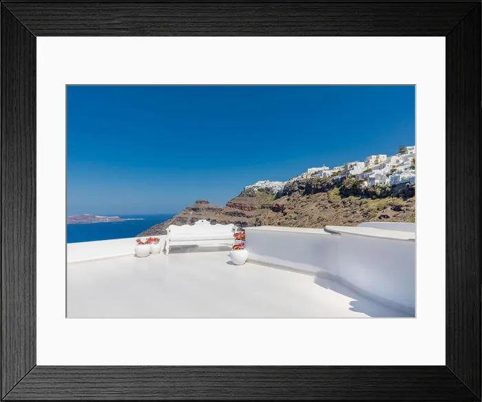 Framed Print : Beautiful Santorini terrace landscape, white architecture with sunny caldera view. Famous tourist hotel resort, travel vacation destination Framed Print : Beautiful Santorini terrace landscape, white architecture with sunny caldera view. Famous tourist hotel resort, travel vacation destination