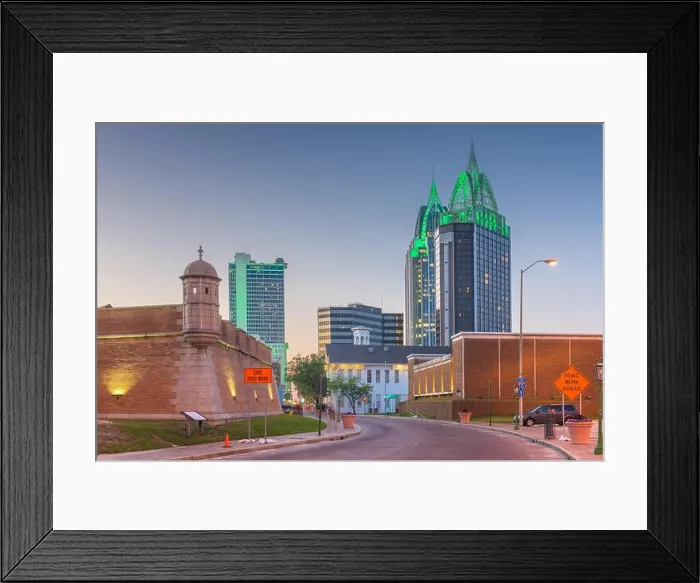 Framed Print : Mobile, Alabama, USA downtown skyline with Fort Conde at dusk Framed Print : Mobile, Alabama, USA downtown skyline with Fort Conde at dusk