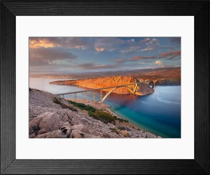 Framed Print : Krk Bridge, Croatia. Image of Krk Bridge which connects the Croatian island of Krk with the mainland at beautiful summer sunset