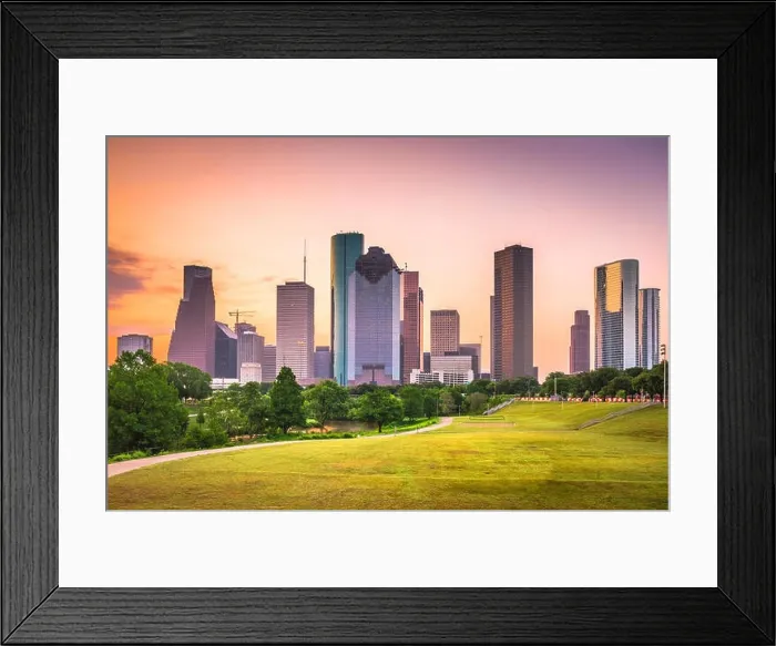 Framed Print : Houston, Texas, USA downtown city skyline and park at dawn Framed Print : Houston, Texas, USA downtown city skyline and park at dawn