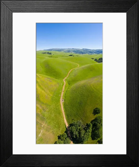 Framed Print : An aerial view of rolling hills in Northern California's tri-valley region shows lush, green grass that flourished after a wet winter Framed Print : An aerial view of rolling hills in Northern California's tri-valley region shows lush, green grass that flourished after a wet winter