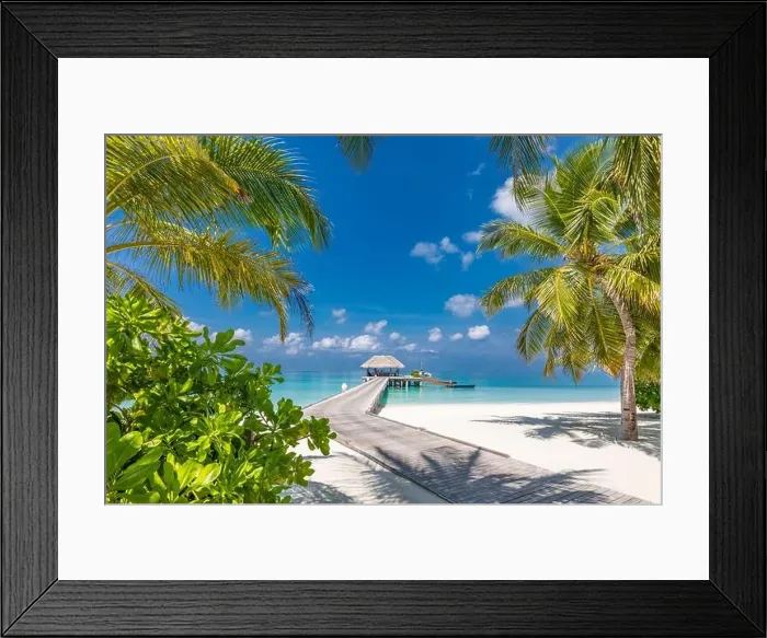 Framed Print : Tropical beach, Maldives. Jetty pathway into tranquil paradise island. Palm trees, white sand and blue sea, perfect summer vacation landscape holiday Framed Print : Tropical beach, Maldives. Jetty pathway into tranquil paradise island. Palm trees, white sand and blue sea, perfect summer vacation landscape holiday
