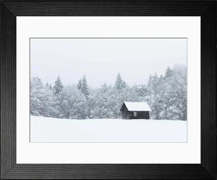 Framed Print : Fantastic landscape with snowy mountains, trees and wooden cabin. Carpathian mountains, Ukraine, Europe Framed Print : Fantastic landscape with snowy mountains, trees and wooden cabin. Carpathian mountains, Ukraine, Europe