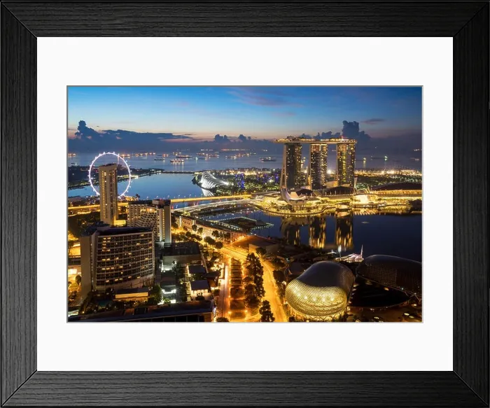 Framed Print : Singapore Marina Bay rooftop view with urban skyscrapers at night in Singapore