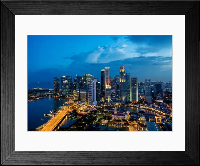 Framed Print : Singapore business district skyline in night at Marina Bay, Singapore Framed Print : Singapore business district skyline in night at Marina Bay, Singapore