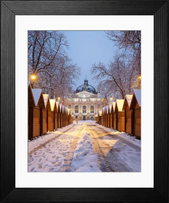 Framed Print : Solomiya Krushelnytska Lviv State Academic Theatre of Opera and Ballet in winter time. Wooden Christmas fair kiosk in a row with city light in Framed Print : Solomiya Krushelnytska Lviv State Academic Theatre of Opera and Ballet in winter time. Wooden Christmas fair kiosk in a row with city light in