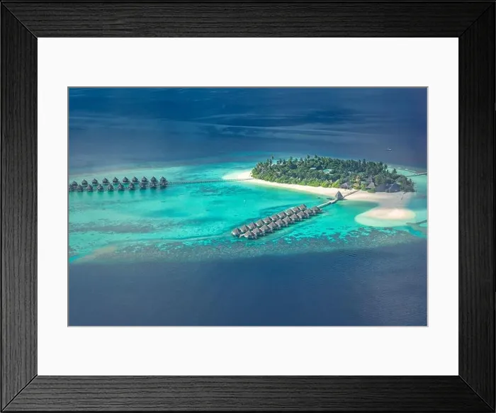 Framed Print : Amazing aerial landscape, luxury tropical resort or hotel with water villas and beautiful beach scenery. Perfect bird eyes view in Maldives, landscape