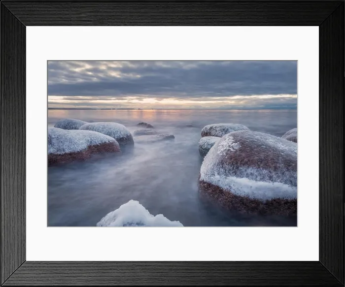 Framed Print : Scenic winter landscape with sea and sunrise at morning. Beautiful light with rocky coast in Finland Framed Print : Scenic winter landscape with sea and sunrise at morning. Beautiful light with rocky coast in Finland