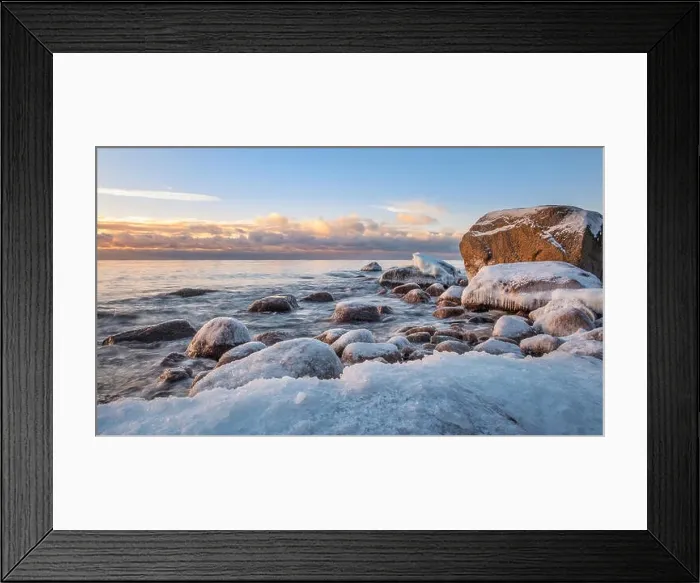 Framed Print : Scenic winter landscape with sea and sunrise at morning. Beautiful light with rocky coast in Finland Framed Print : Scenic winter landscape with sea and sunrise at morning. Beautiful light with rocky coast in Finland