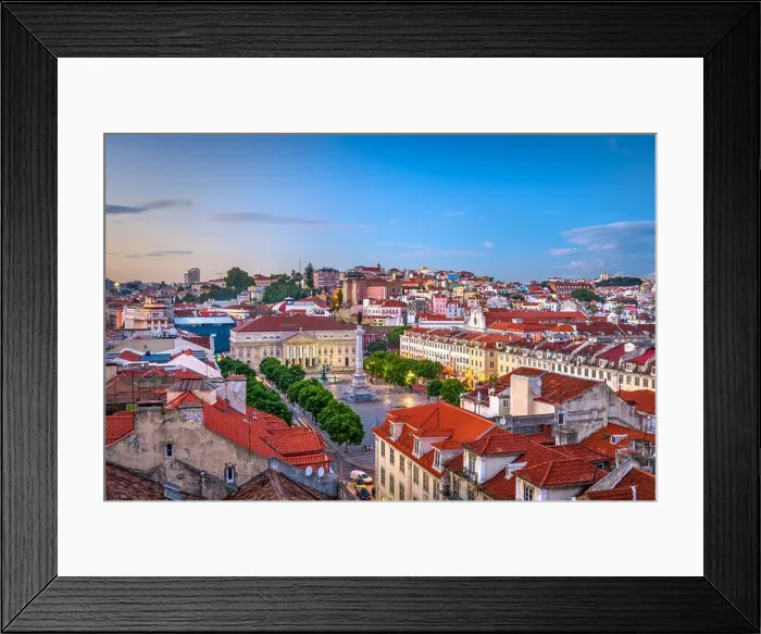 Framed Print : Lisbon, Portugal Pombaline district skyline over Rossio Square Framed Print : Lisbon, Portugal Pombaline district skyline over Rossio Square