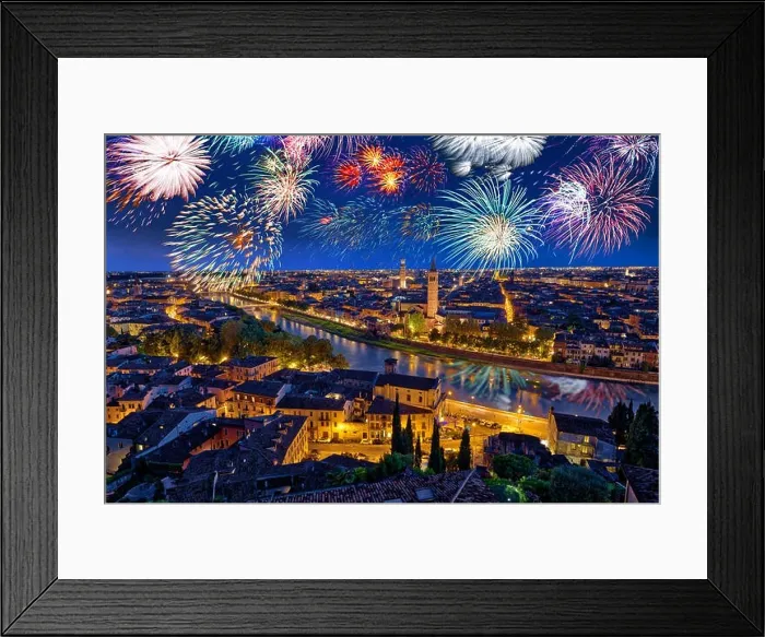 Framed Print : Colorful Fireworks above Verona Cityscape, in Italy, Celebrating New Years Eve Framed Print : Colorful Fireworks above Verona Cityscape, in Italy, Celebrating New Years Eve