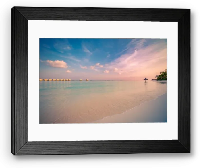 Framed Print : Landscape of paradise tropical island beach, water villas and bungalows with sunset sky. Luxury summer holiday and vacation, tranquil beach view Framed Print : Landscape of paradise tropical island beach, water villas and bungalows with sunset sky. Luxury summer holiday and vacation, tranquil beach view