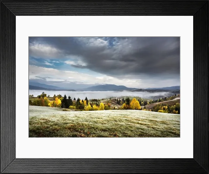 Framed Print : Amazing scene on autumn mountains. Yellow and orange trees in fantastic morning fog. Carpathians, Europe. Landscape photography Framed Print : Amazing scene on autumn mountains. Yellow and orange trees in fantastic morning fog. Carpathians, Europe. Landscape photography