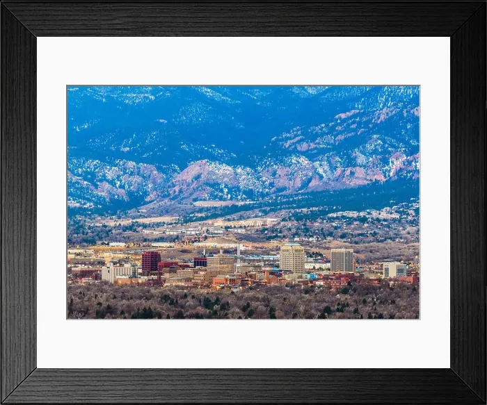 Framed Print : Colorado Springs, Colorado, USA downtown skyline and mountains at dusk Framed Print : Colorado Springs, Colorado, USA downtown skyline and mountains at dusk