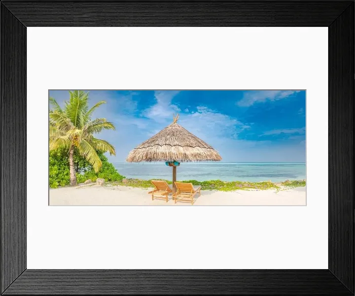 Framed Print : Exotic beach with two chairs tropical landscape banner. Idyllic beach Framed Print : Exotic beach with two chairs tropical landscape banner. Idyllic beach