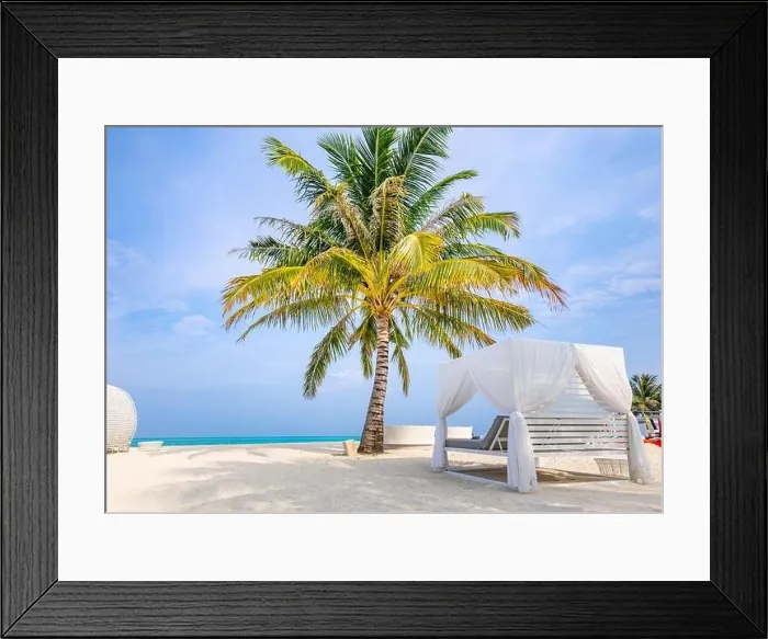 Framed Print : Serenity beach background, luxury beach canopy and travel or summer vacation concept. Blue sky with white sand for sunny beach landscape background