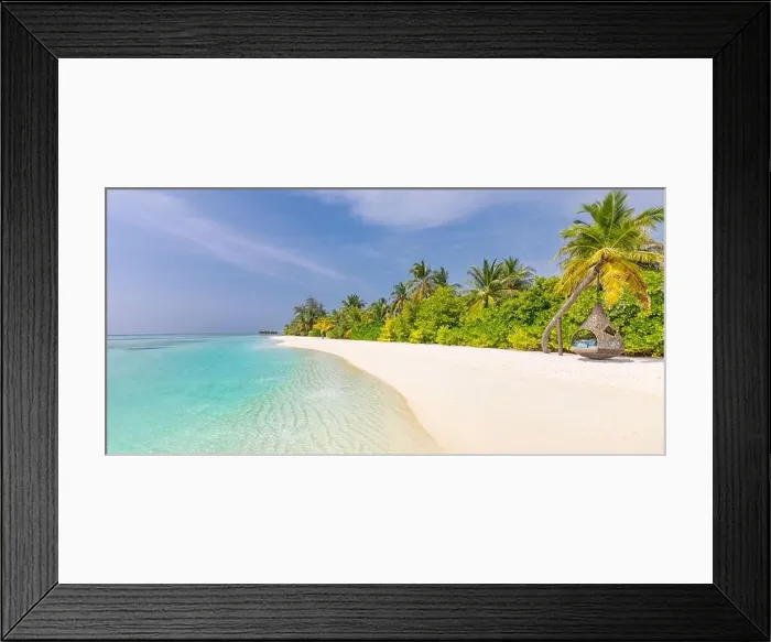 Framed Print : Amazing summer beach panorama. Exotic island coastline with palm trees and white sand close to amazing blue sea and lagoon. Tropical paradise beach Framed Print : Amazing summer beach panorama. Exotic island coastline with palm trees and white sand close to amazing blue sea and lagoon. Tropical paradise beach