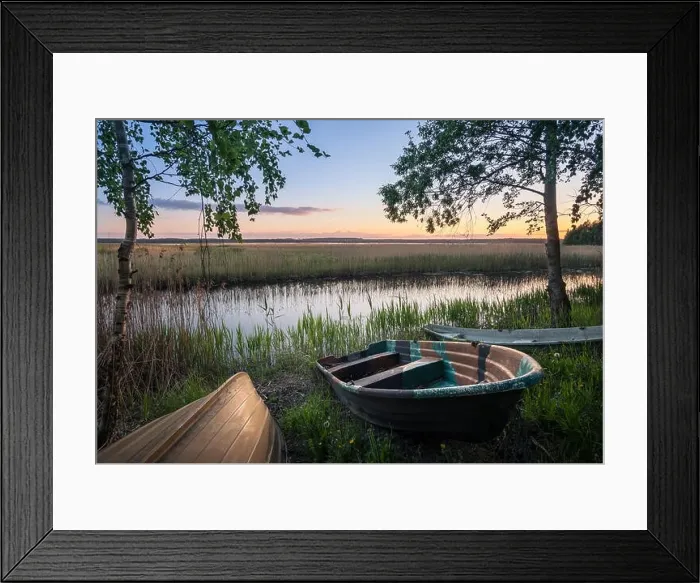 Framed Print : Scenic landscape with rowboats at peaceful summer evening in Hyvinkää, Finland Framed Print : Scenic landscape with rowboats at peaceful summer evening in Hyvinkää, Finland