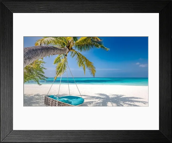 Framed Print : Luxury beach panorama. Tropical landscape with palm tree and swing for couple summer holiday or vacation, sea view over white sand. Exotic nature Framed Print : Luxury beach panorama. Tropical landscape with palm tree and swing for couple summer holiday or vacation, sea view over white sand. Exotic nature