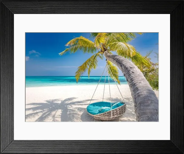Framed Print : Tropical beach panorama as summer landscape with beach swing or hammock and white sand and calm sea for beach banner. Perfect beach scene vacation Framed Print : Tropical beach panorama as summer landscape with beach swing or hammock and white sand and calm sea for beach banner. Perfect beach scene vacation