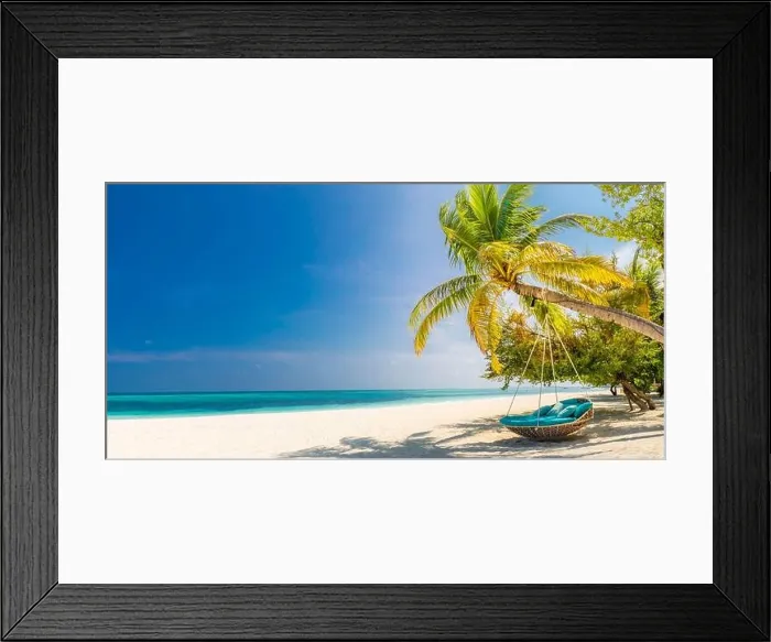 Framed Print : Tropical beach panorama as summer landscape with beach swing or hammock and white sand and calm sea for beach banner. Perfect beach scene vacation Framed Print : Tropical beach panorama as summer landscape with beach swing or hammock and white sand and calm sea for beach banner. Perfect beach scene vacation