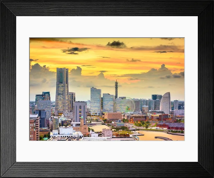 Framed Print : Yokohama, Japan harbor and downtown skyline at dusk Framed Print : Yokohama, Japan harbor and downtown skyline at dusk