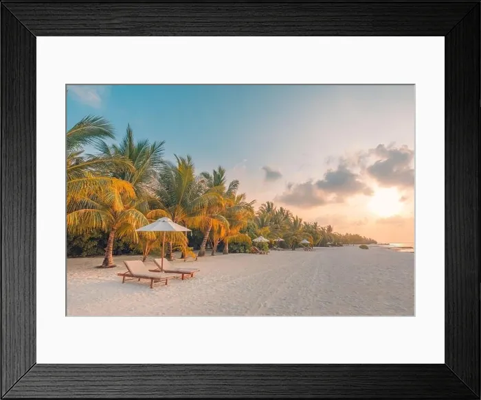 Framed Print : Beautiful tropical sunset landscape, two sun beds, loungers, umbrella under palm tree. Luxury summer holiday, vacation, calm colorful twilight sky Framed Print : Beautiful tropical sunset landscape, two sun beds, loungers, umbrella under palm tree. Luxury summer holiday, vacation, calm colorful twilight sky