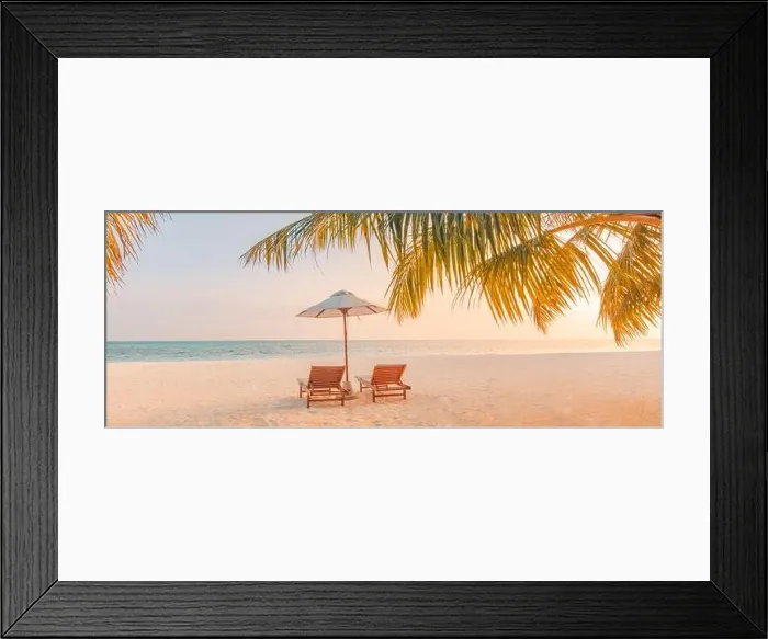 Framed Print : Beautiful tropical sunset landscape, two sun beds, loungers, umbrella under palm tree. Luxury summer holiday, vacation, calm colorful twilight sky Framed Print : Beautiful tropical sunset landscape, two sun beds, loungers, umbrella under palm tree. Luxury summer holiday, vacation, calm colorful twilight sky