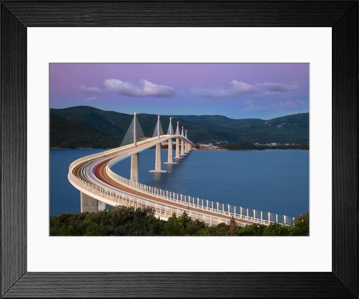 Framed Print : Peljesac Bridge, Croatia. Image of beautiful modern multi-span cable-stayed Peljesac Bridge over the sea in Dubrovnik-Neretva County, Croatia at sunri Framed Print : Peljesac Bridge, Croatia. Image of beautiful modern multi-span cable-stayed Peljesac Bridge over the sea in Dubrovnik-Neretva County, Croatia at sunri