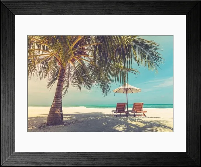 Framed Print : Tranquil beach scene. Exotic tropical beach resort, landscape for background or wallpaper. Design of summer vacation holiday concept Framed Print : Tranquil beach scene. Exotic tropical beach resort, landscape for background or wallpaper. Design of summer vacation holiday concept