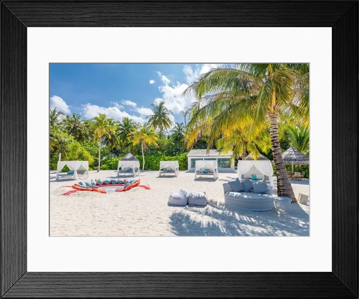 Framed Print : Comfortable chaise with canopy on vip beach seascape. Relaxation zone, tropical resort hotel beach landscape. Palm trees over white sand, vacation Framed Print : Comfortable chaise with canopy on vip beach seascape. Relaxation zone, tropical resort hotel beach landscape. Palm trees over white sand, vacation