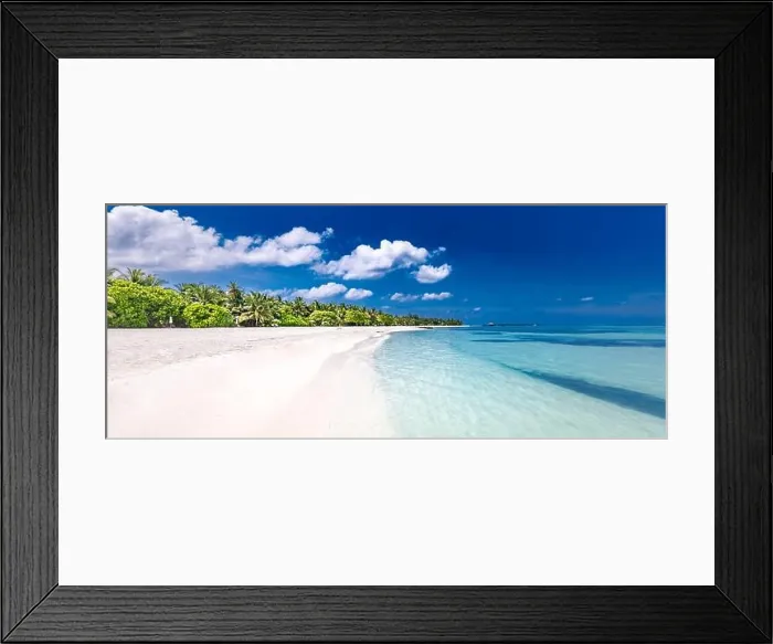 Framed Print : Amazing summer beach panorama. Exotic island coastline with palm trees and white sand close to amazing blue sea and lagoon. Tropical paradise beach Framed Print : Amazing summer beach panorama. Exotic island coastline with palm trees and white sand close to amazing blue sea and lagoon. Tropical paradise beach