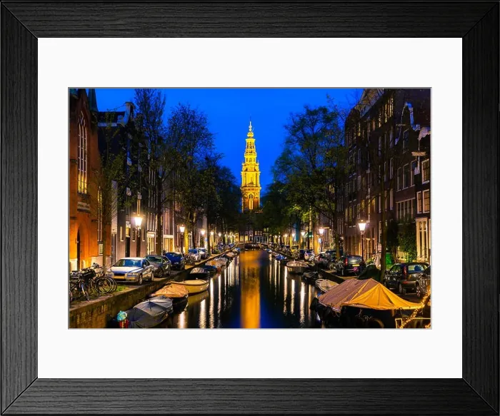Framed Print : Amsterdam Zuiderkerk church tower at the end of a canal in the city of Amsterdam, Netherlands at night Framed Print : Amsterdam Zuiderkerk church tower at the end of a canal in the city of Amsterdam, Netherlands at night