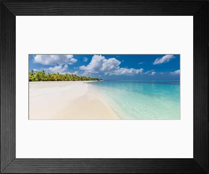 Framed Print : Amazing summer beach panorama. Exotic island coastline with palm trees and white sand close to amazing blue sea and lagoon. Tropical paradise beach Framed Print : Amazing summer beach panorama. Exotic island coastline with palm trees and white sand close to amazing blue sea and lagoon. Tropical paradise beach